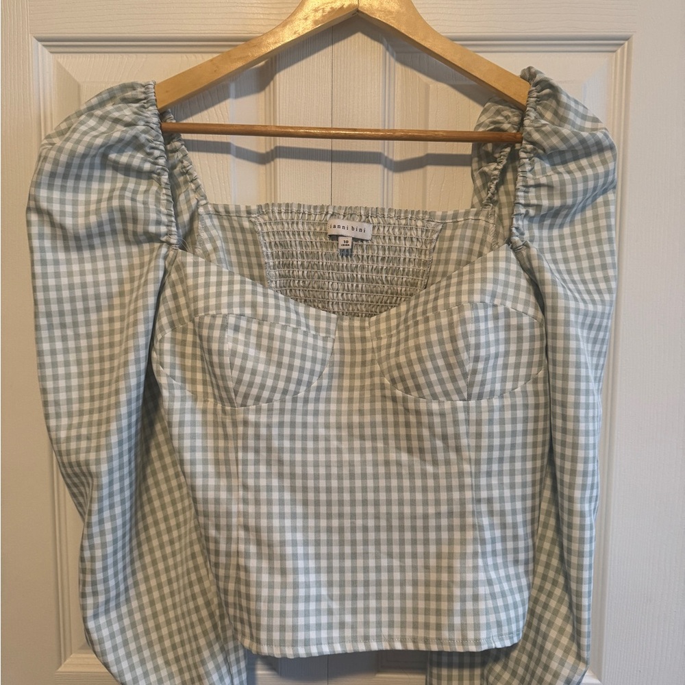 Gianni Bini Blue and White Puff Sleeve Smocked Blouse